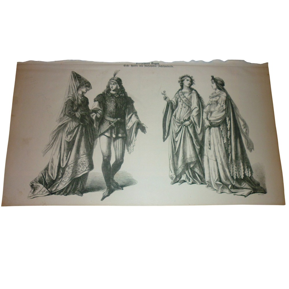 Antique 15th Century German Costume Wood Engraving Print Medieval Fashion Art